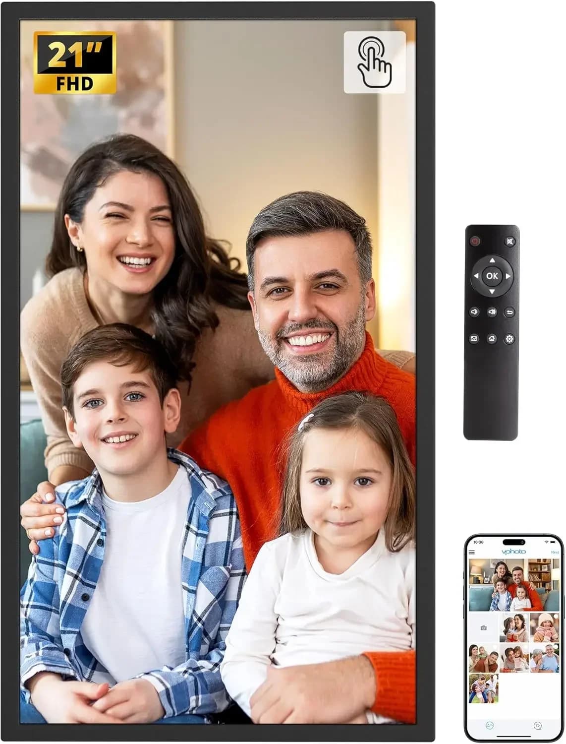 Large Digital Frame from 21.5 Black Poles with Touch Screen, WiFi Digital Photo Frame, 32GB Memory, Automatic Rotation, Photo Sharing