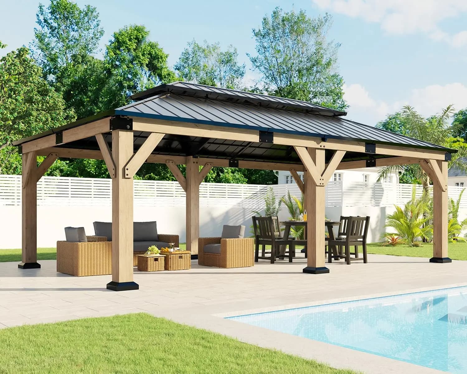 Gazebo con Tetto Rigido 12x20 piedi, Gazebo in Legno di Abete con Doppio Tetto in Metallo, Pergola da Esterno con Struttura in Legno per Giardino, Portico, Patio, Terrazza