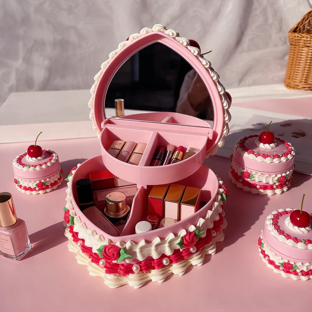 Heart Shaped Fake Cake Makeup Storage Box with Mirror PVC Cherry Rose Cream Decor Jewelry Organizer, Cute Cosmetic Case for Bed