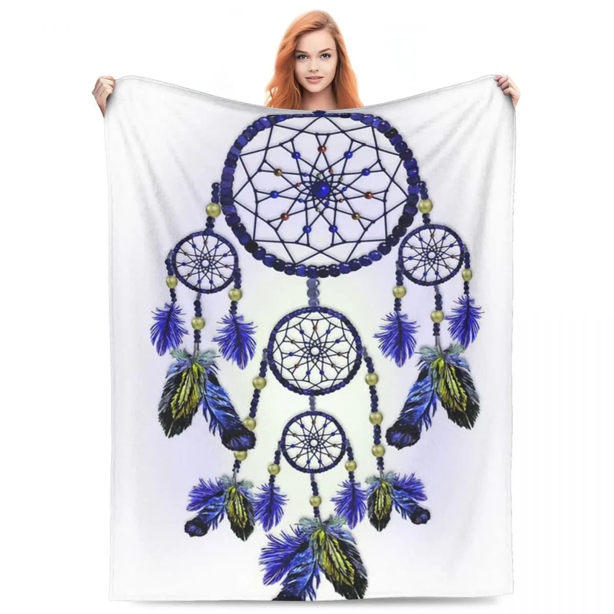 Blue Dreamcatcher With Feathers Blankets Flannel Sofa Throw Blanket Warm Throw Blankets for Home Bedroom Throws Bedspread Quilt