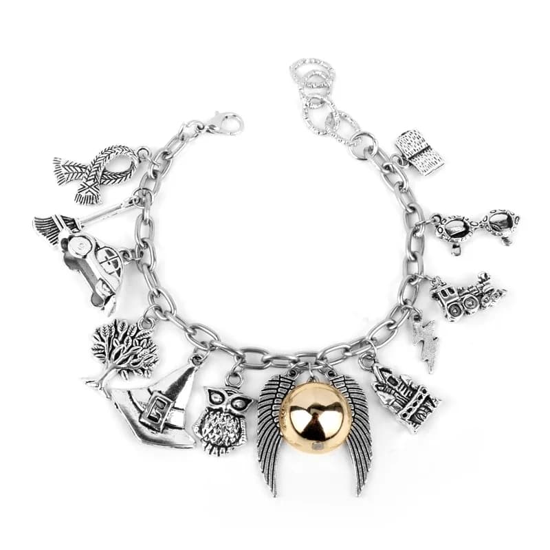 Bracciale della scuola di magia del film per le donne Snitches dorati Cappello da gufo Scopa per auto Ciondolo Gioielli Bracciali in lega Giocattoli Regalo