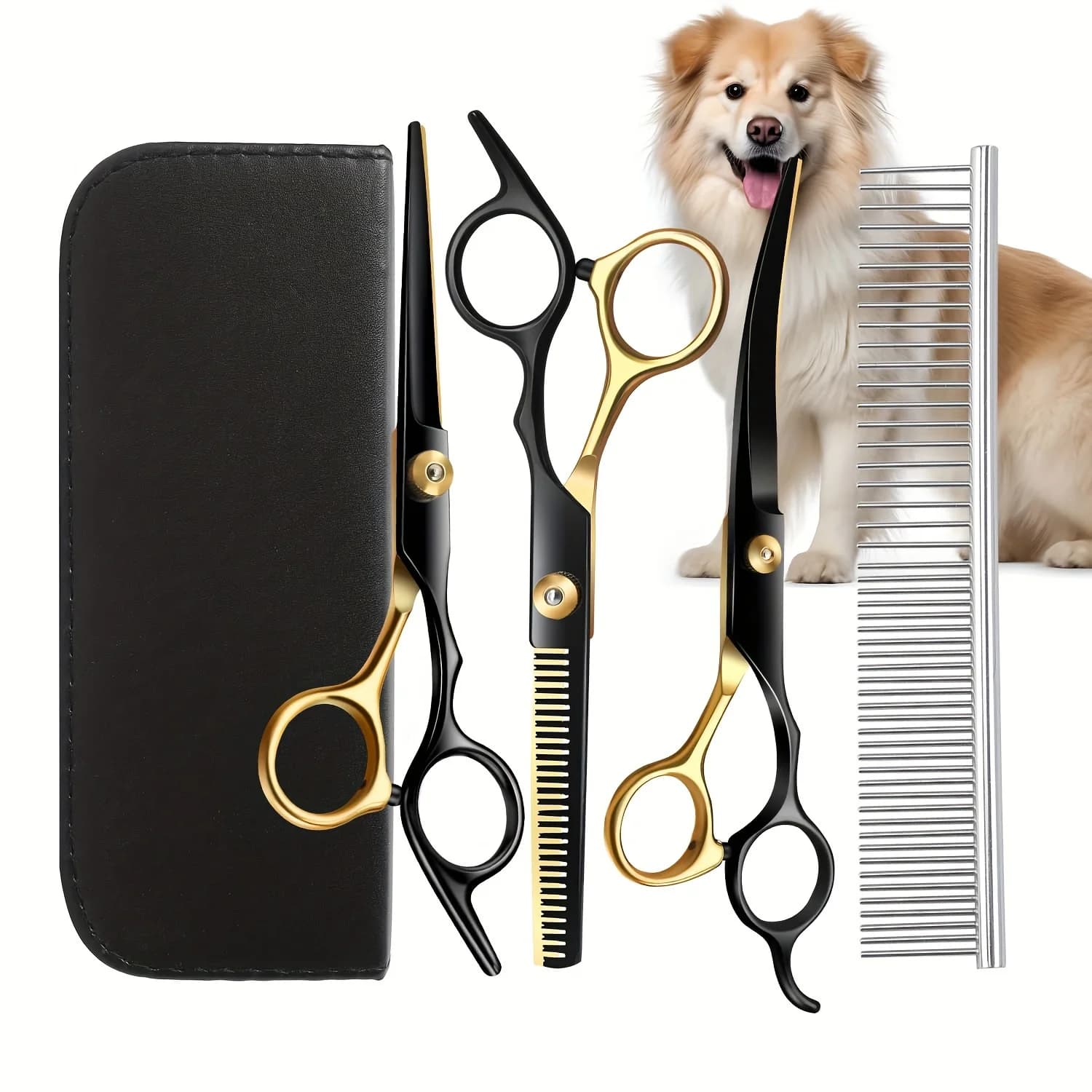 Kit professionale di forbici per toelettatura cani, forbici dritte, cesoie per sfoltire, forbici curve, pettine, set per toelettatura per animali domestici