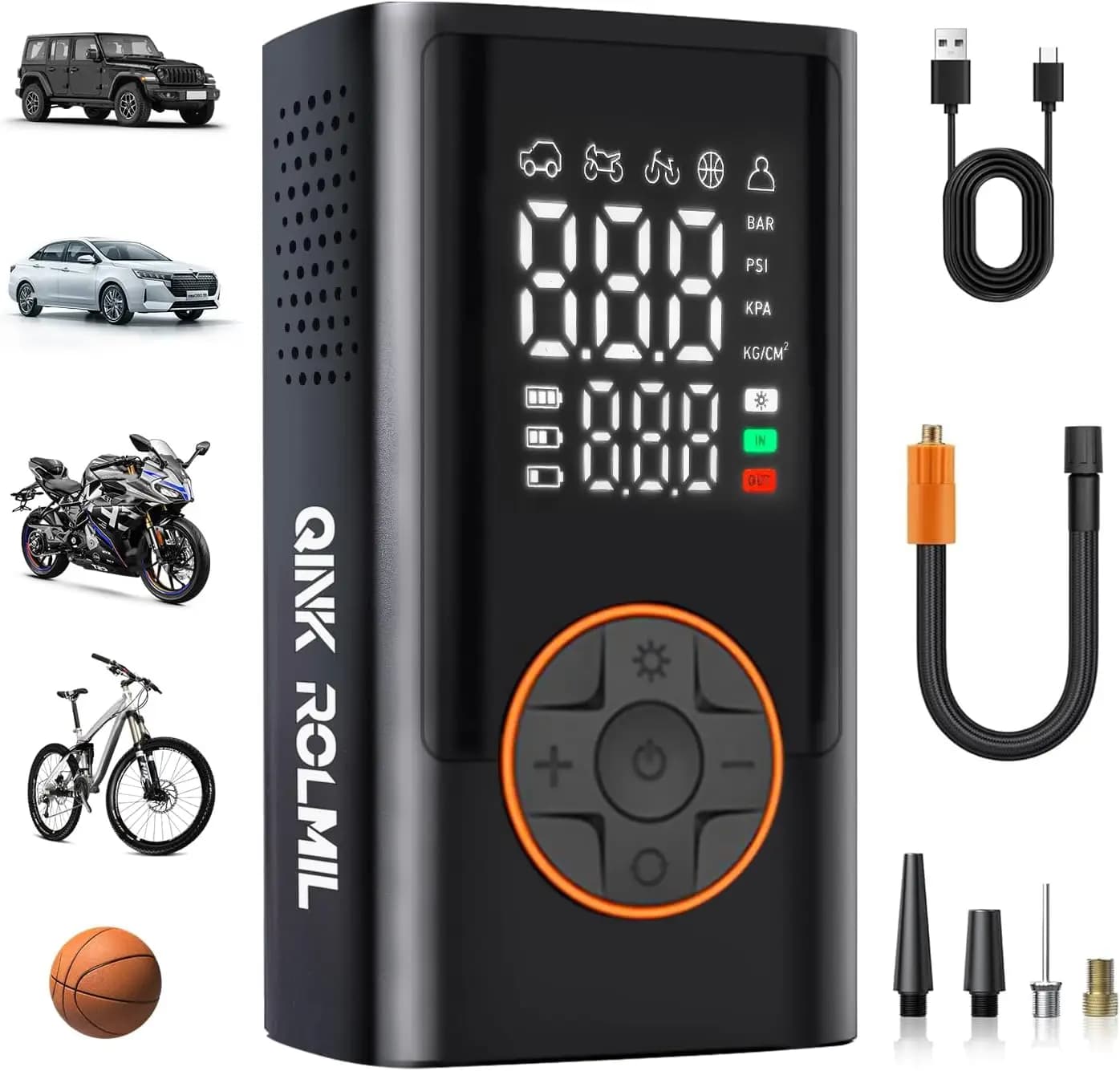 Portable tyre inflator, 150 PSI wireless air pump with digital display and LED light for cars, motorcycles, bicycles, balls