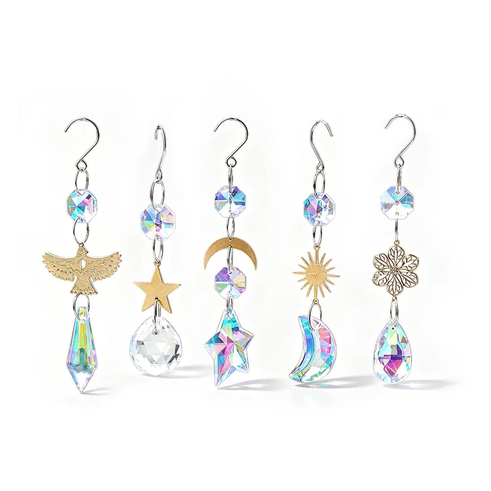 6pcs Auraro Crystal Suncatcher Hanging Ornament Moon Star Prism Ball Plant Pot Lamp Car Pendant with Hook Window Garden Decor