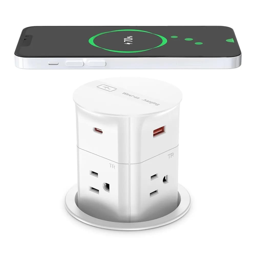 Presa da incasso a scomparsa con caricatore wireless da 15W, Power Delivery da 20W, protezione da sovratensione 800J, 4 prese CA, 4 porte USB, certificazione ETL