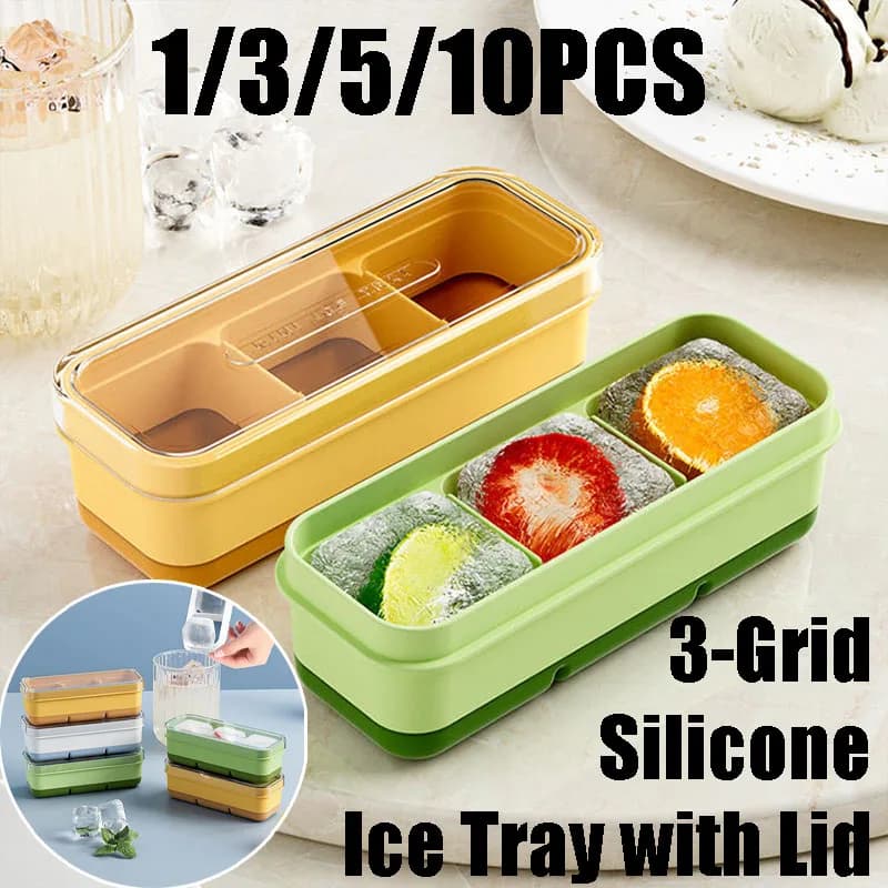 Stampo per Cubetti di Ghiaccio a 3 Scomparti con Coperchio - Stampo Quadrato per Ghiaccio Fai-da-Te per Casa, Cucina e Bar