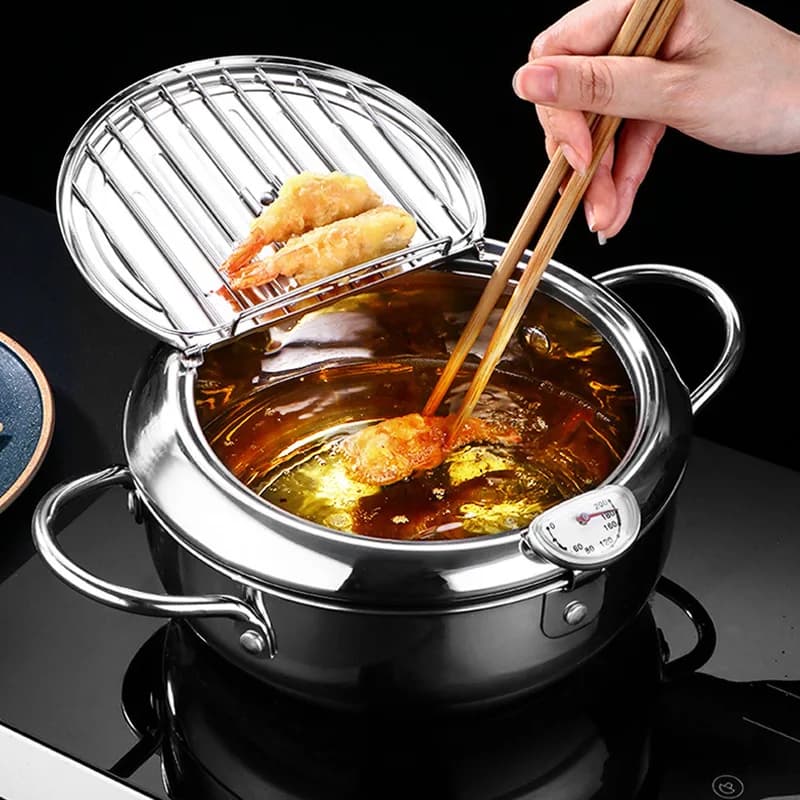 Pentola giapponese con termometro e coperchio Padella in acciaio inossidabile 304 Friggitrice per olio Tempura da cucina