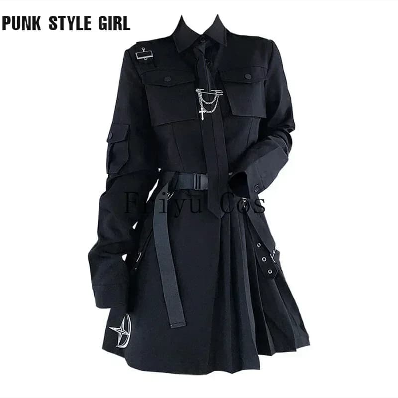 Gothic Black Punk Emo Two-Piece Skirt Spring Y2K Alt Clothes Kpop JK Uniform Punk Chain Ribbon Skirts Women 2 Piece Suit Female