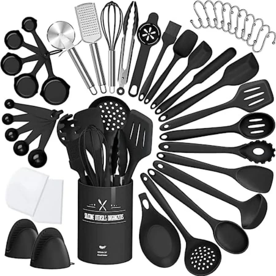 Set di 43 Utensili da Cucina in Silicone Resistente al Calore con Supporto, Cucchiaio, Spatola e Accessori da Cucina