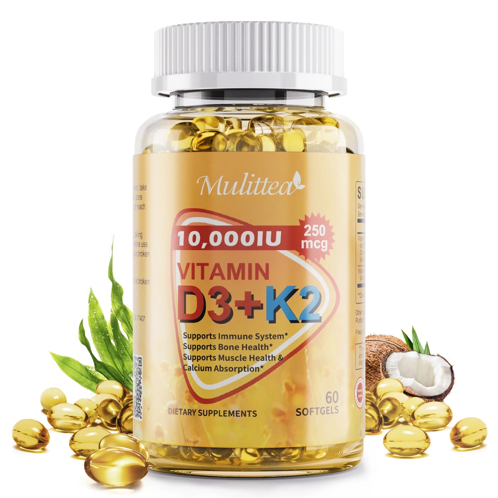 Mulittea Vitamina D3 + K2 Complex in Soft Capsules 10000 UI + 200mcg Supplement for Bone Support, Immunite System and Heart | Easy to swallow, non GMO