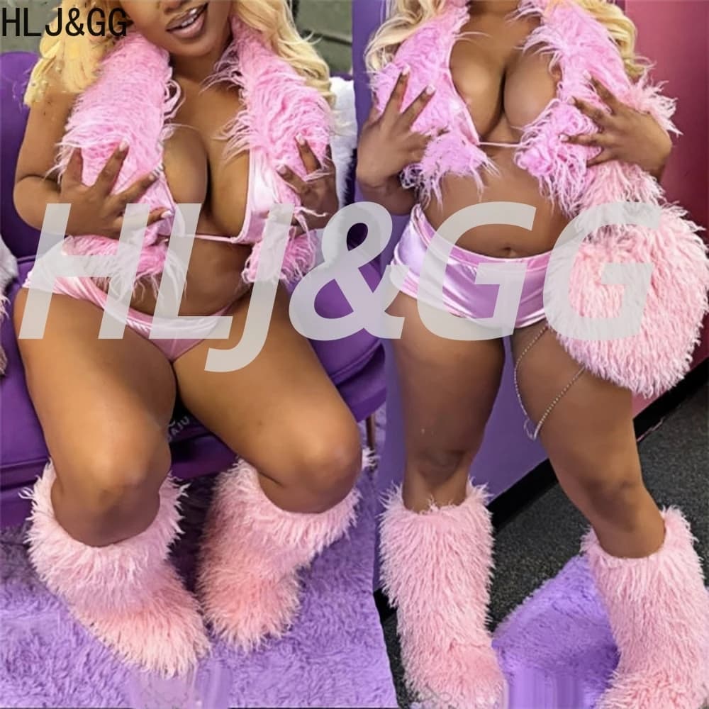 HLJ&GG Set da due pezzi con fasciatura cava in pelliccia sexy da donna Top senza maniche con scollo a V profondo e pantaloncini Completi moda 2 pezzi Streetwear