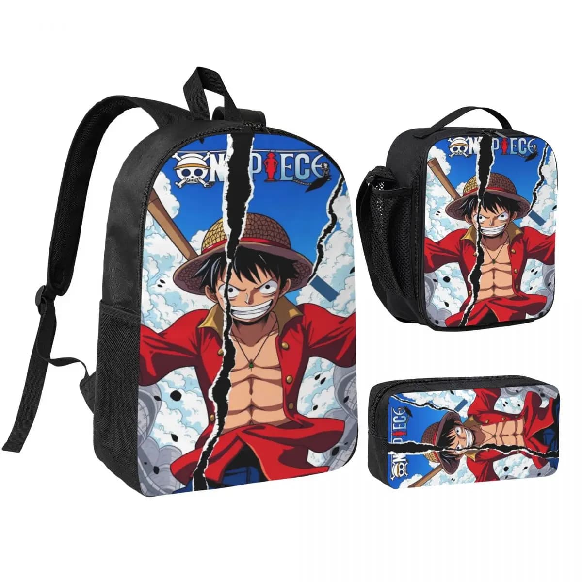Set di 3 zaini Luffy One Piece per bambini, con astucci, borsa per libri e borsa termica per il pranzo, per studenti della scuola primaria.