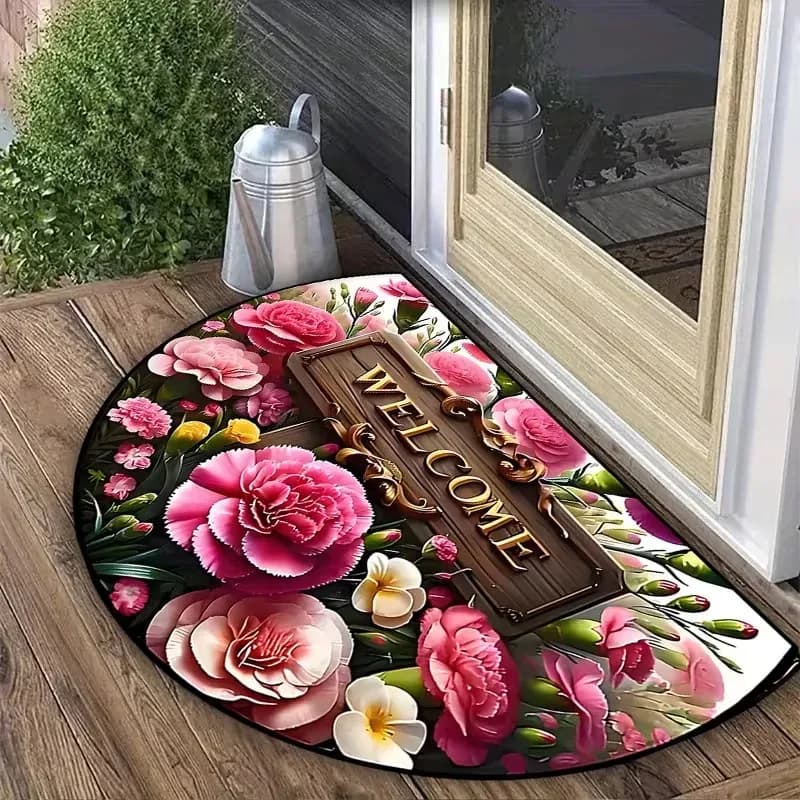 3D Rose Floral Half Round Doormat Non-Slip Entrance Rug Washable Semi-Circle Welcome Mat for Front Door Garden Patio Decor