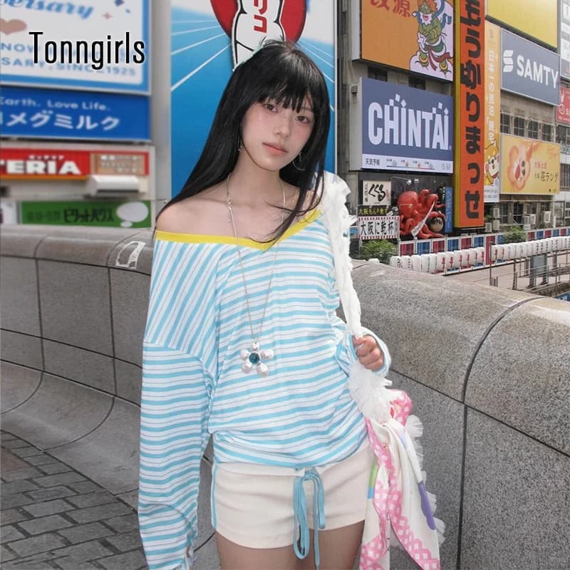 Tonngirls Japanese Y2k Blue Striped T-shirt Women V-neck Long Sleeve T Shirt Vintage Off Shoulder Loose Tee Tops 2000s Korean