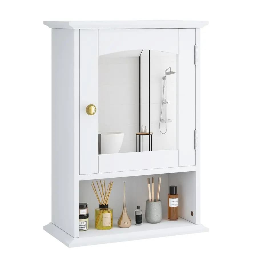Armadietto da bagno a parete con specchio, piccolo armadietto per medicinali con anta, ripiano regolabile in legno, 14,7 x 19,8 x 7,1 pollici, bianco