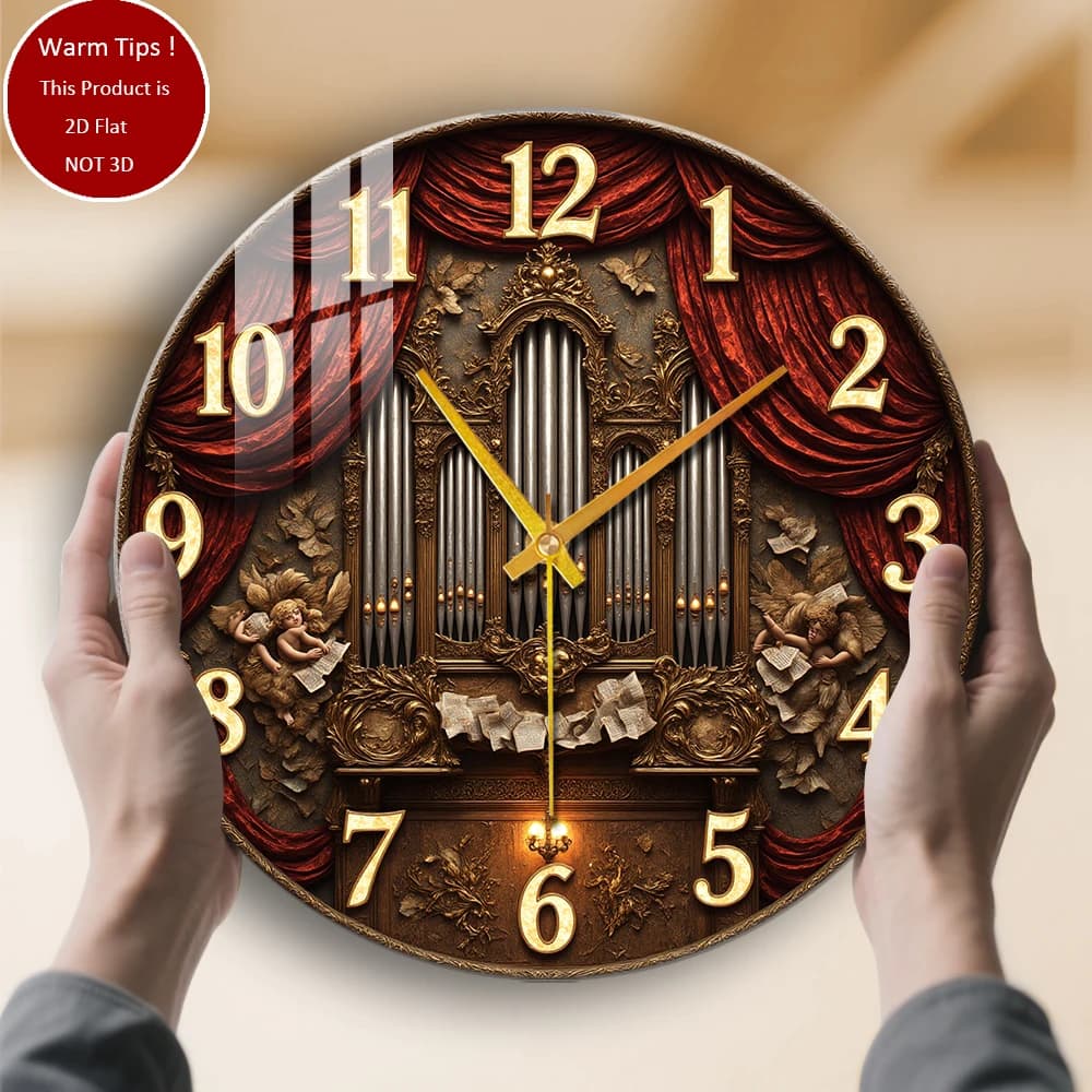 Tempered Glass Wall Clock Ornate Clock Organ Angels Red curtain suitable for wall decorations or table displays anywhere