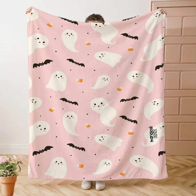 Pink Blush Ghost Candy Corn Bat Halloween Throw Blanket Patio Rest Spot Warm Blanket Guest Lounge Office Den Presents
