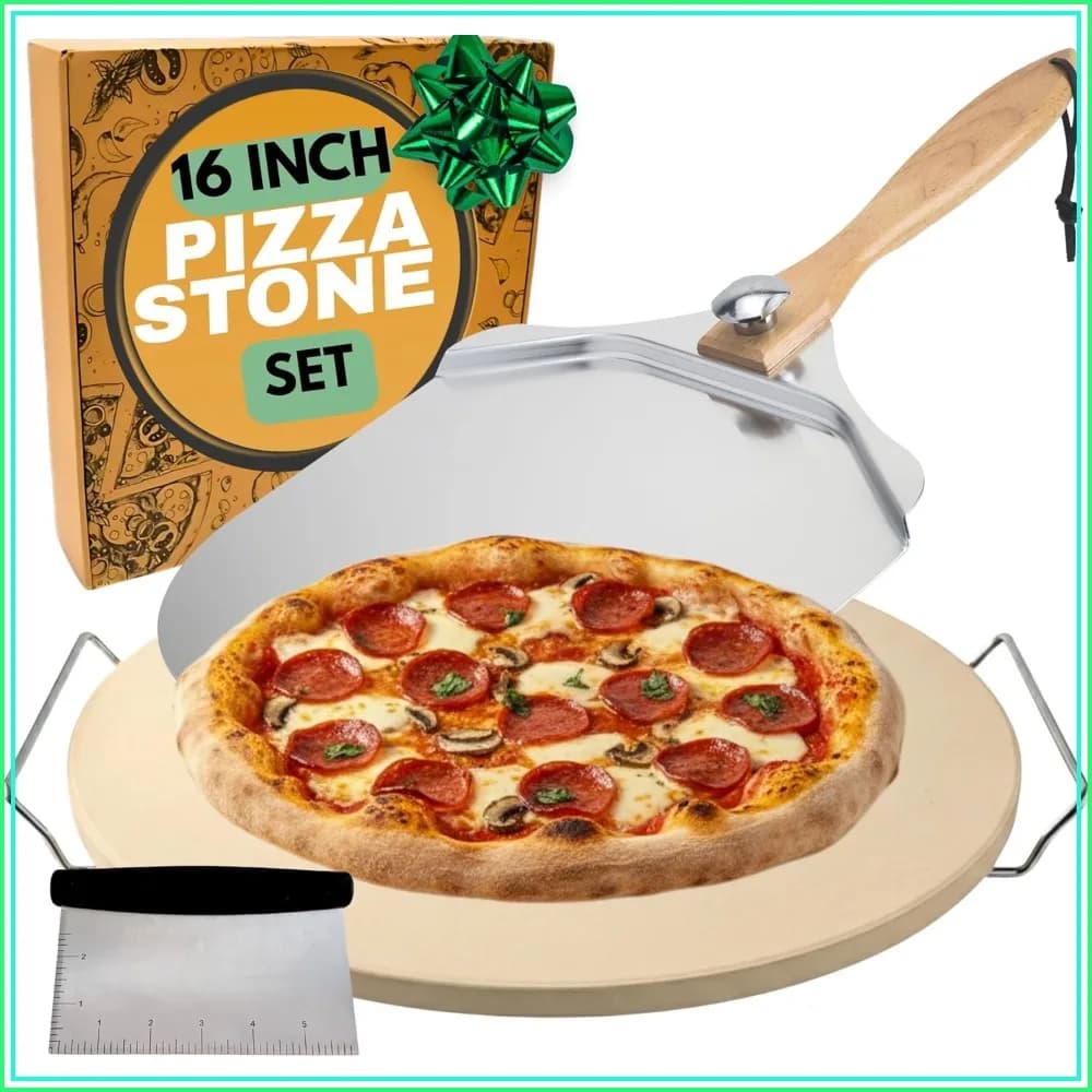16 Inch Round Pizza Stone for Oven with Handles, Metal Peel & Dough Cutter - Baking Set