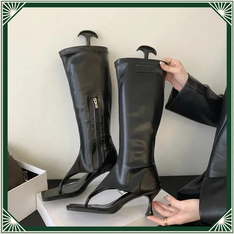 Open Toe Clip-On Knee High Boots 2026 Women Modern Booties Thin Low Heels Side Zipper Sexy Black Party Pumps Sandals Shoe