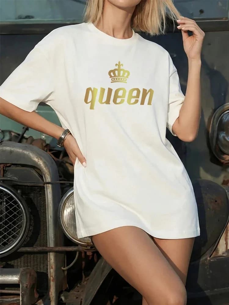 T-shirt Stampata Queen 2026 Primavera Estate Donna Oversize Maglietta Comoda Casual Morbida a Maniche Corte per Casa e Esterno Abbigliamento Donna