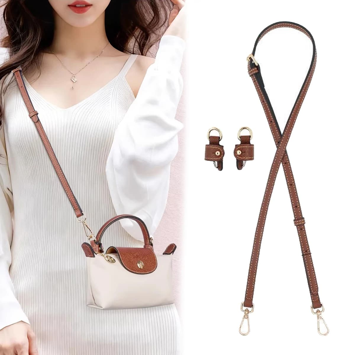 For LONGCHAMP MINI BAG spare bag leather strap for shoulder bag with punching set of free buckles