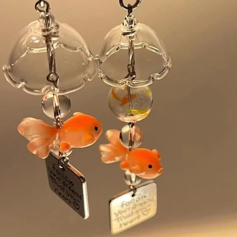 Transparent Glass Keychain Cute Goldfish Wind Chime Pendant Keyring Mobile Phone Lanyard Bag Decorative Chain Kawaii Key Chain