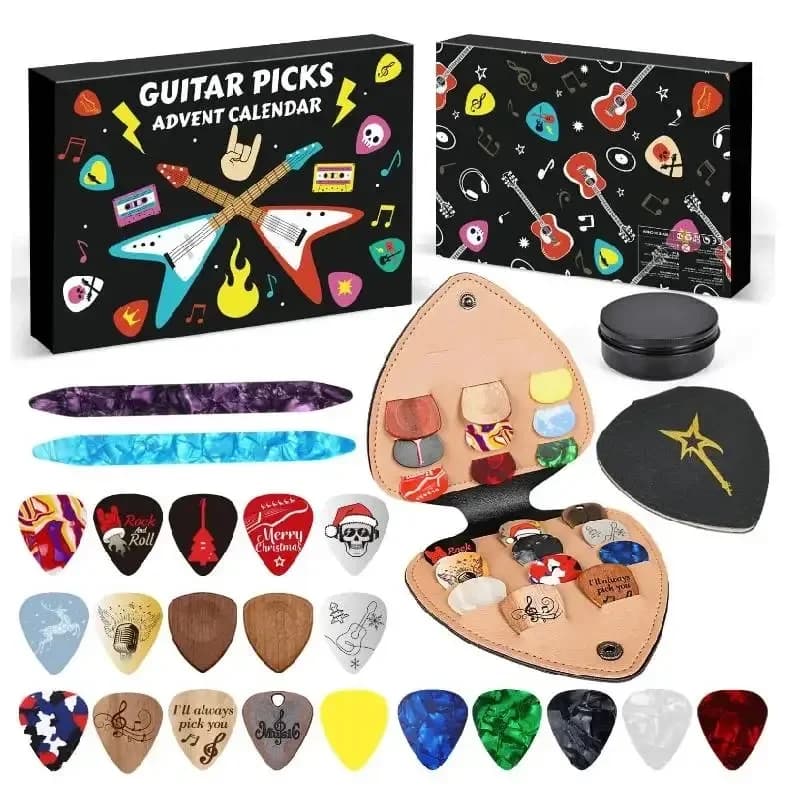 Calendario per il conto alla rovescia per plettri per chitarra con 20 plettri per chitarra e 2 supporti per plettri Oud Calendari dell'Avvento natalizi per chitarra basso