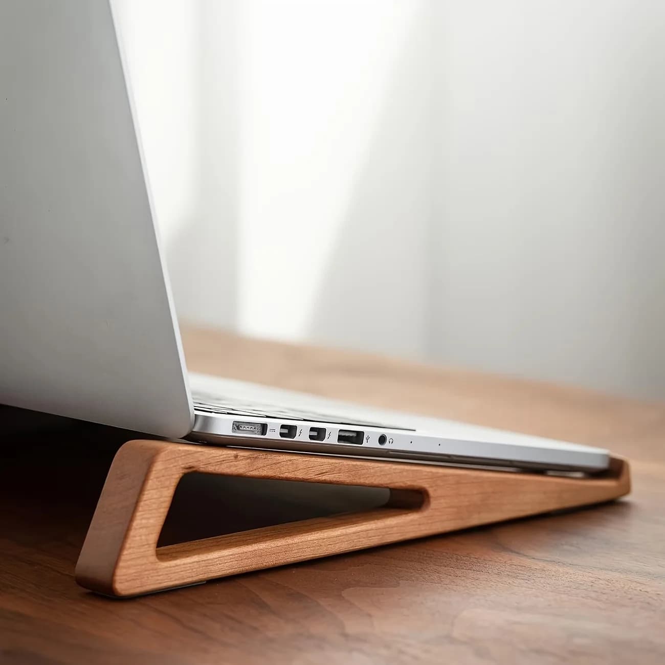 Portable Wooden Laptop Stand with Triangle Base & Heat Dissipation Groove, Compact Mobile Workstation, Suitable for Laptops