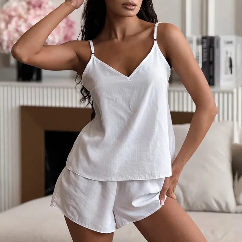 2026 Spring Summer New Women's Pajamas Loungewear Set Soft Cotton Solid Color Suspender Shorts Two Piece Outfit Cozy Suspender