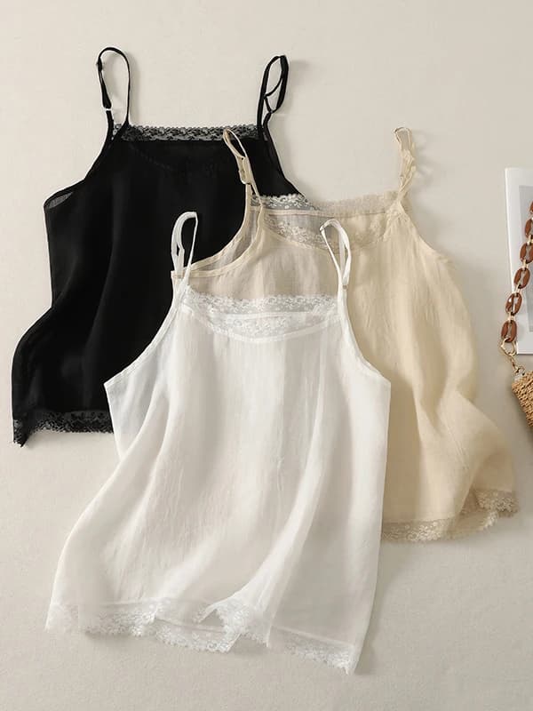 Cool Breathable Cotton Linen Lace Trim Halter Neck Tank Top Women Summer Unique Sleeveless Top Thin Casual round Neck Design