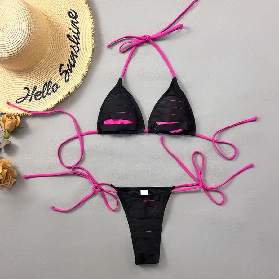 Bikini a triangolo sexy con laccetti, micro perizoma, costume da bagno patchwork da donna, set bikini brasiliano mini 2026