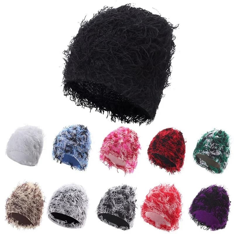 Balaclava Beanies Men Funny Hat Outdoor Camouflage Plush Fuzzy Distressed Knitted Hat Ski Mask Beanie Fashion Street Hip Hop Cap