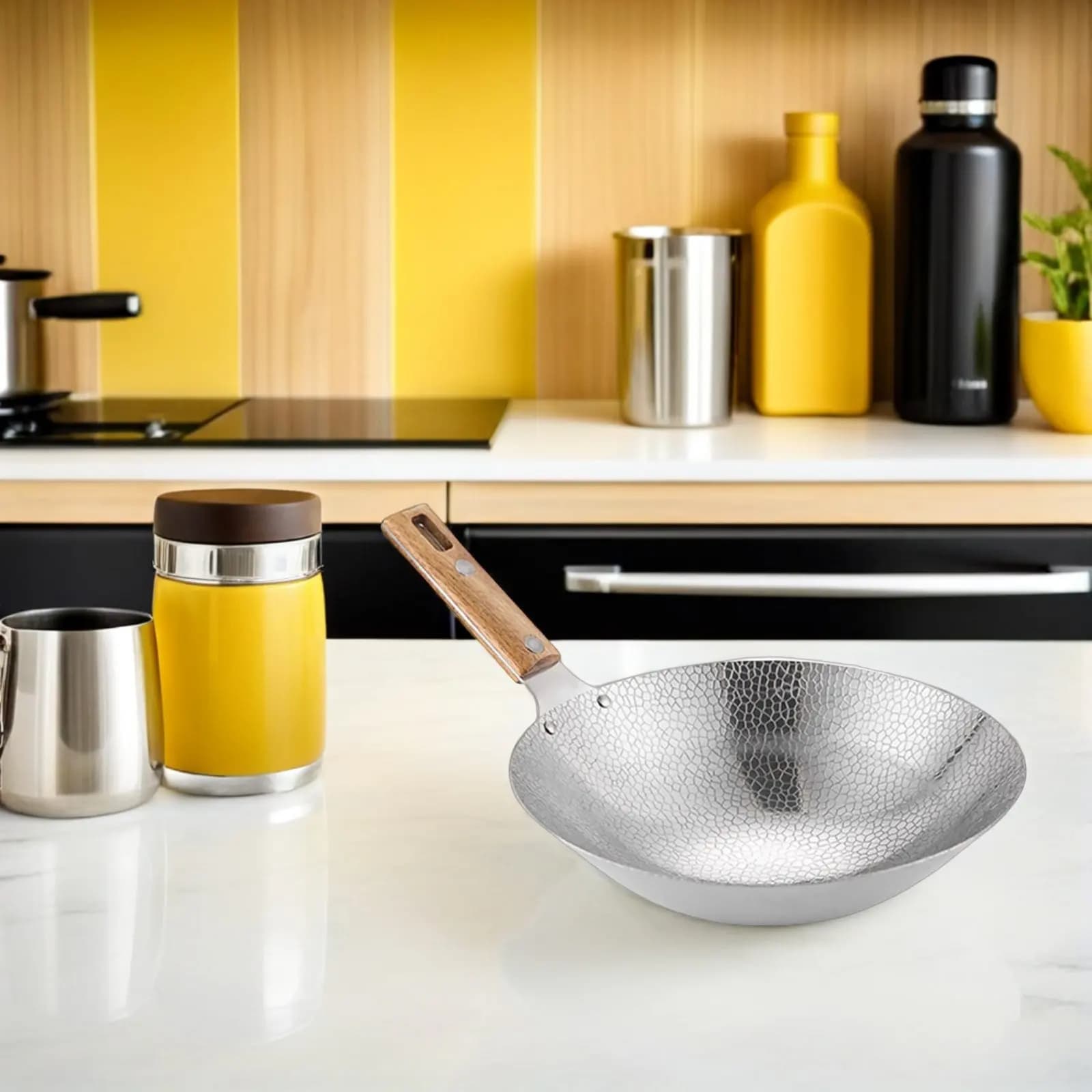 Stainless Steel Kitchen Wok, Traditional Wok with Wood Handle, Multifunctional Panel Durable for Home Kitchen