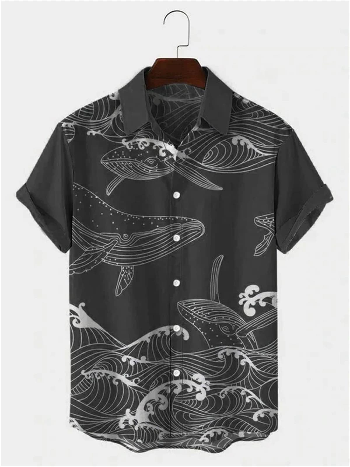 Hawaiian Men's Short Sleeve Shirt Whale Spray Print Beach Fashion Lapel Top 2026 New Large Size Casual