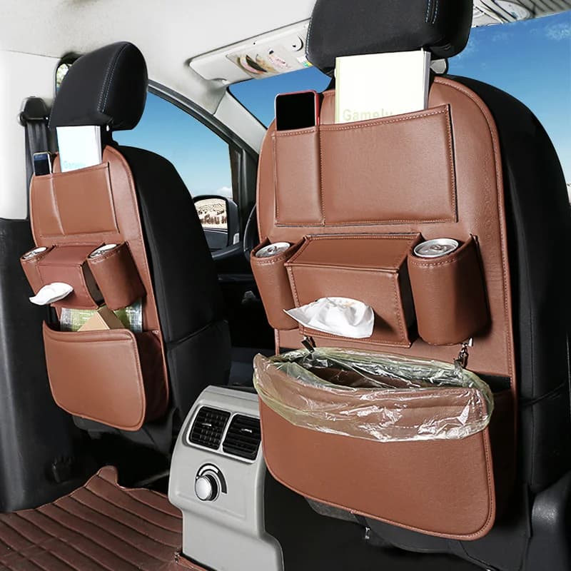 Organizzatore per sedile posteriore per auto in pelle, fila posteriore, sedile per bambini, borsa portaoggetti sospesa, scaffale per bidone della spazzatura, organizer per bottiglie di fazzoletti