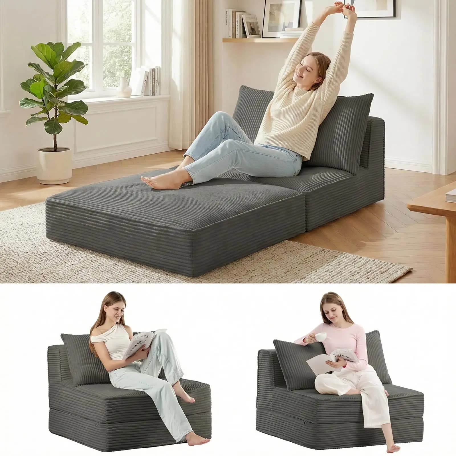 Divano letto pieghevole oversize in velluto a coste grigio con cuscino – Poltrona convertibile per soggiorno o camera da letto
