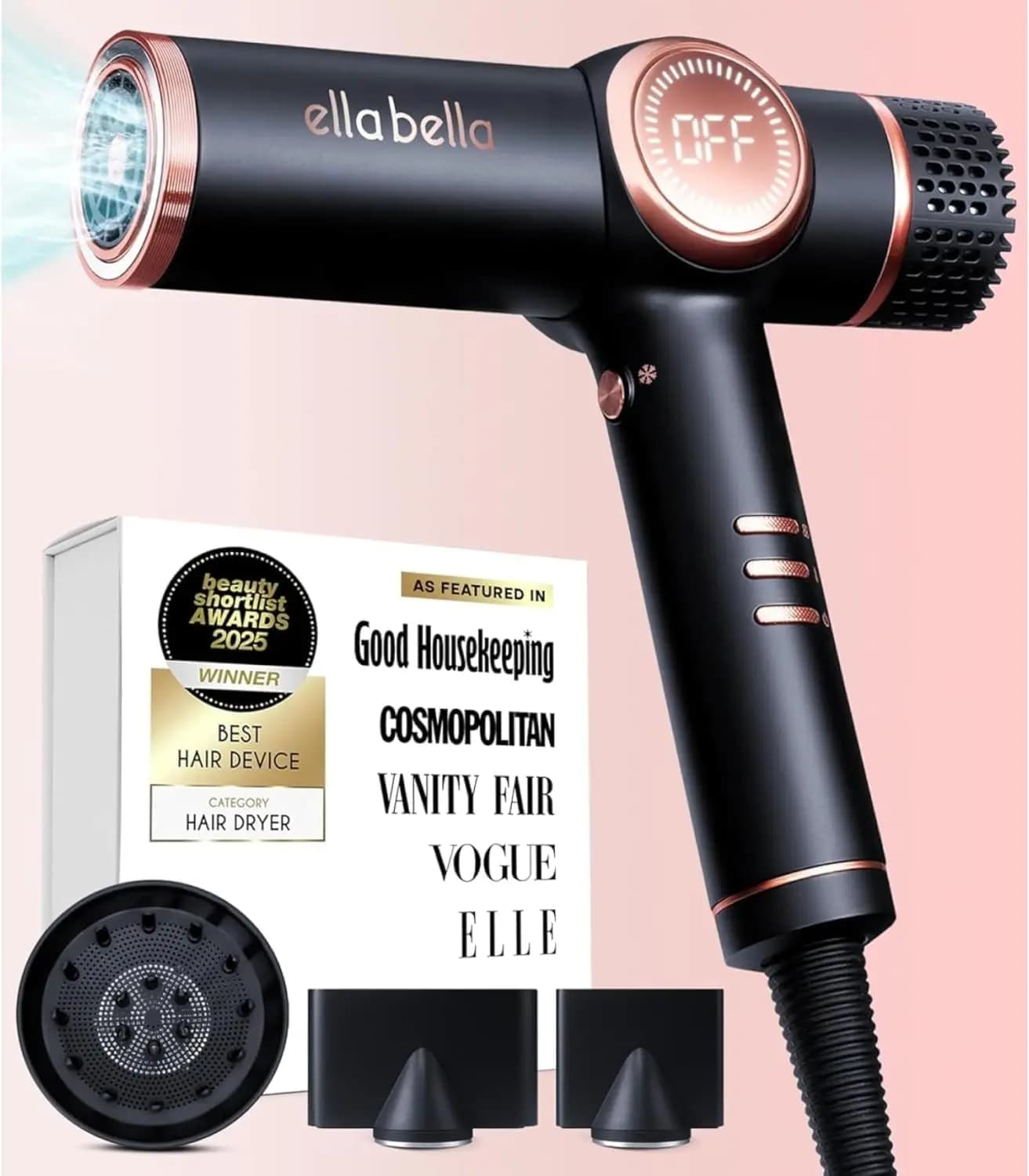 Ion Professional Hair Dryer with Diffuser, Negative Ion Technology for All Hair Types, Quick Drying and Light Design