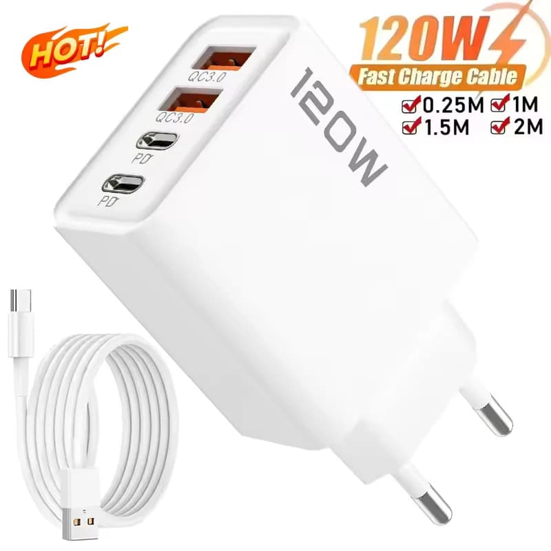 PD QC3.0 Wall Adapter Data Cable for 4 Port USB C Quick Charging Station 120W for iPhone Samsung Xiaomi Huawei EU US UK Travel Plug