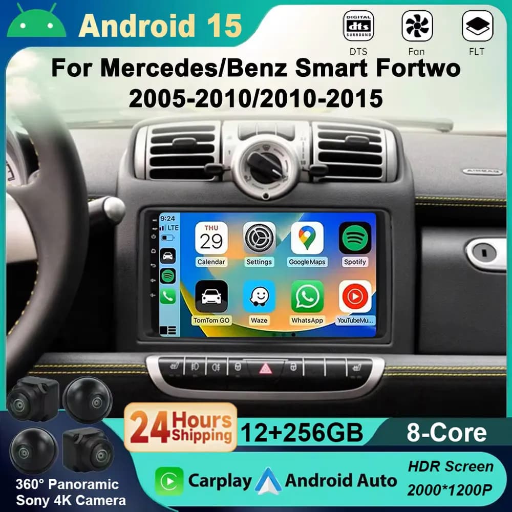 Android 15 Wireless CarPlay For Mercedes Benz Smart Fortwo 2006 2007 2008 2011-2015 Auto Multimedia DSP Auto Reader