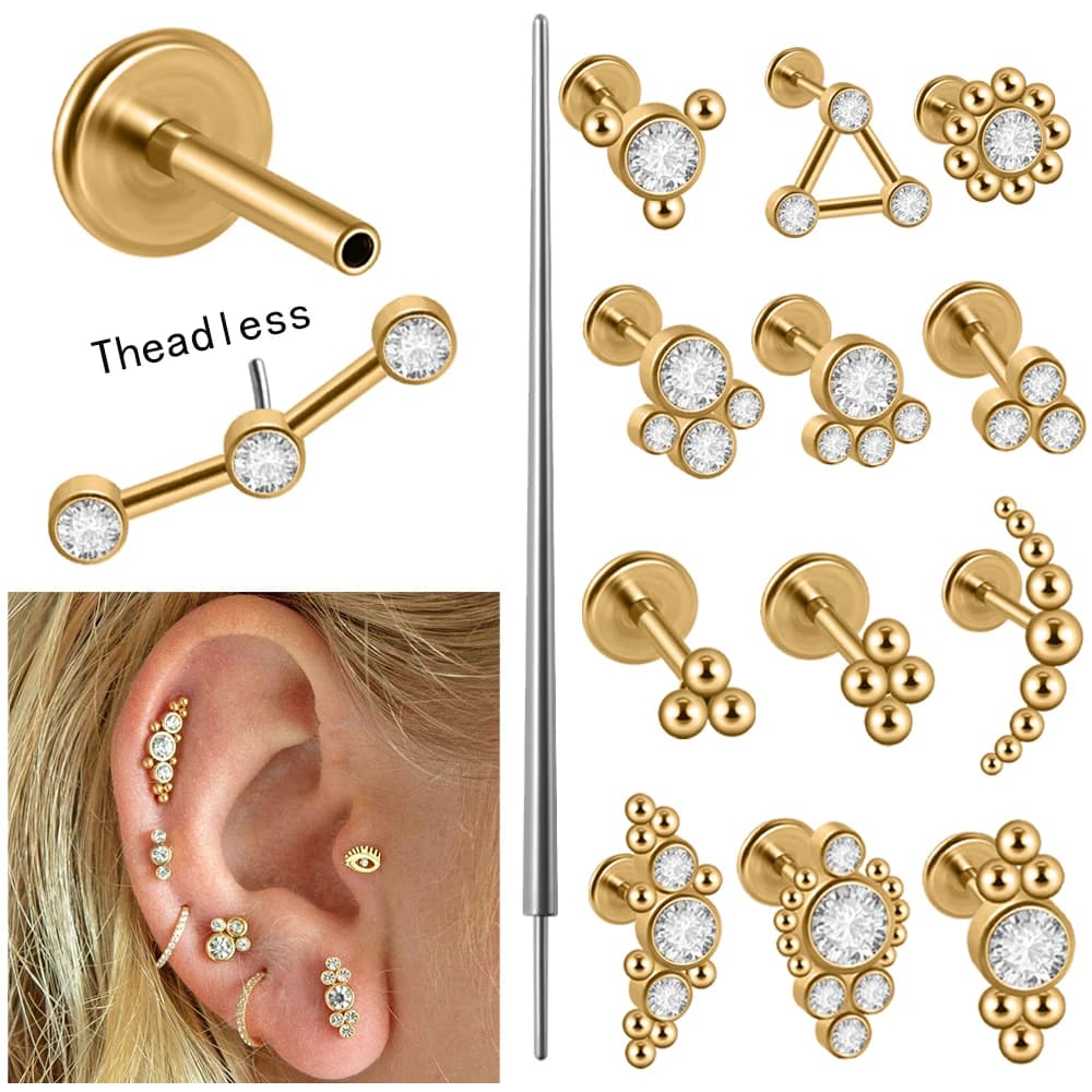 1PC Stainless Steel Gold Plated Cz Labret Lip Ring Threadless Crystal Cluster Ear Cartilage Tragus Helix Daith Piercing Jewelry