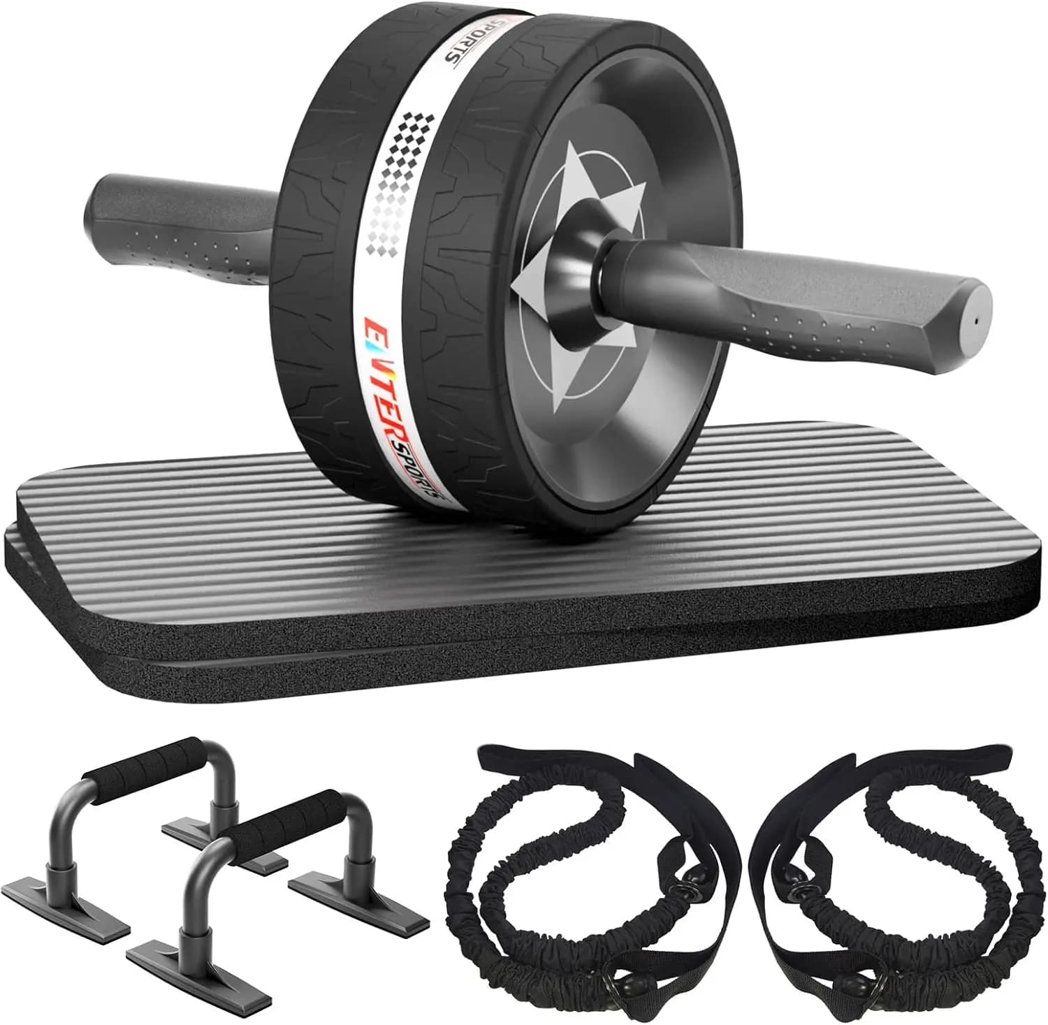 Kit Ruota per Addominali con Barre per Flessioni, Bande di Resistenza, Tappetino per Ginocchia per Allenamento di Forza del Core in Palestra Domestica