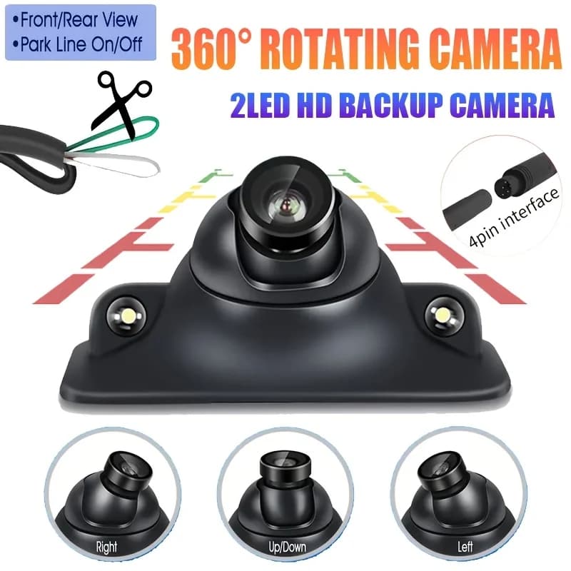 360 ° Telecamera di Retromarcia Rotante per Auto con Visione a Colori e 2 LED - Compatibile CVBS, Telecamera di Retromarcia per Auto, Camion, SUV, Camper, Furgoni