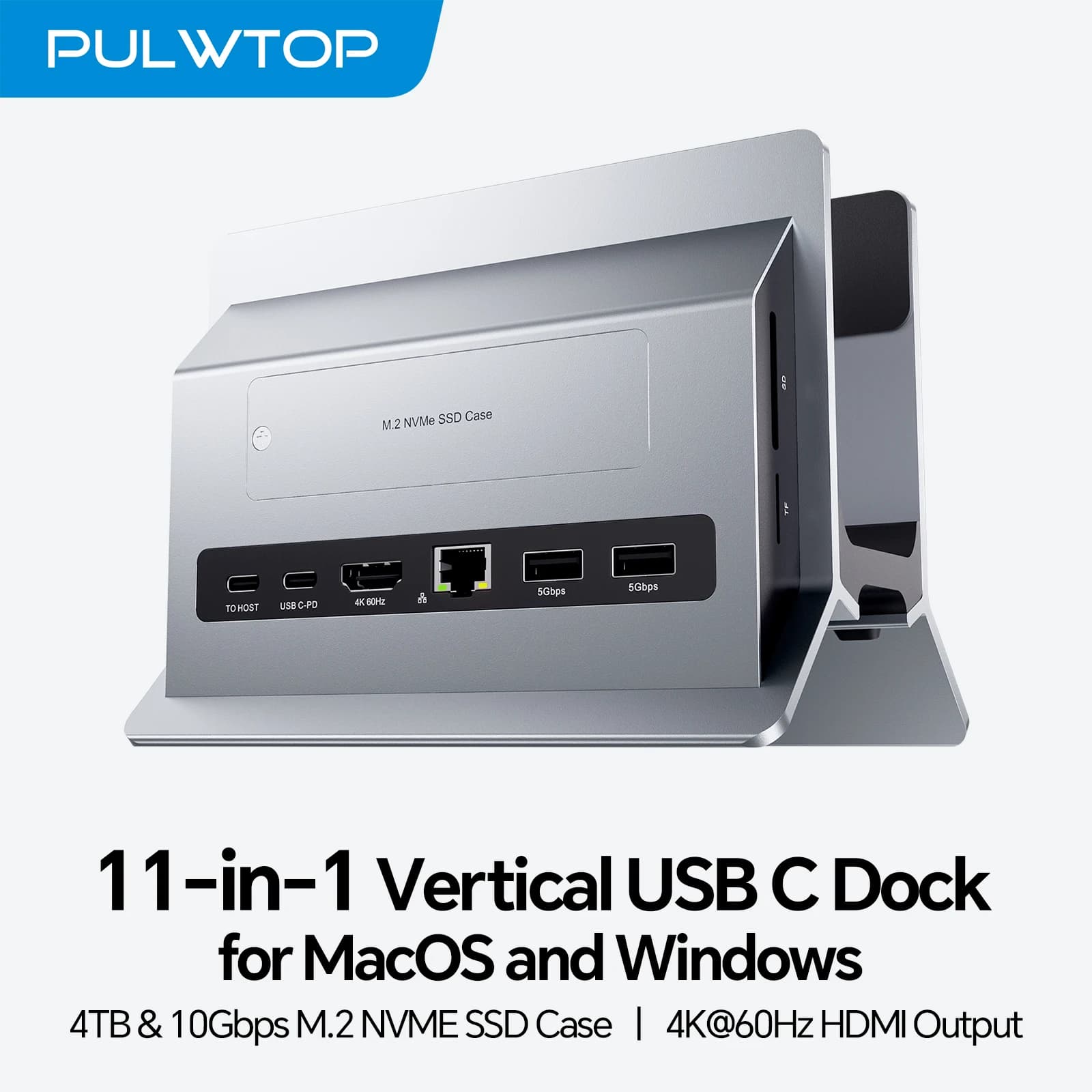PULWTOP Docking Station Verticale USB C con Slot M.2 SSD, HDMI, USBC 3.2 Gen2, USBA 3.2 Gen1, RJ45, SD/TF, PD per Laptop Universali