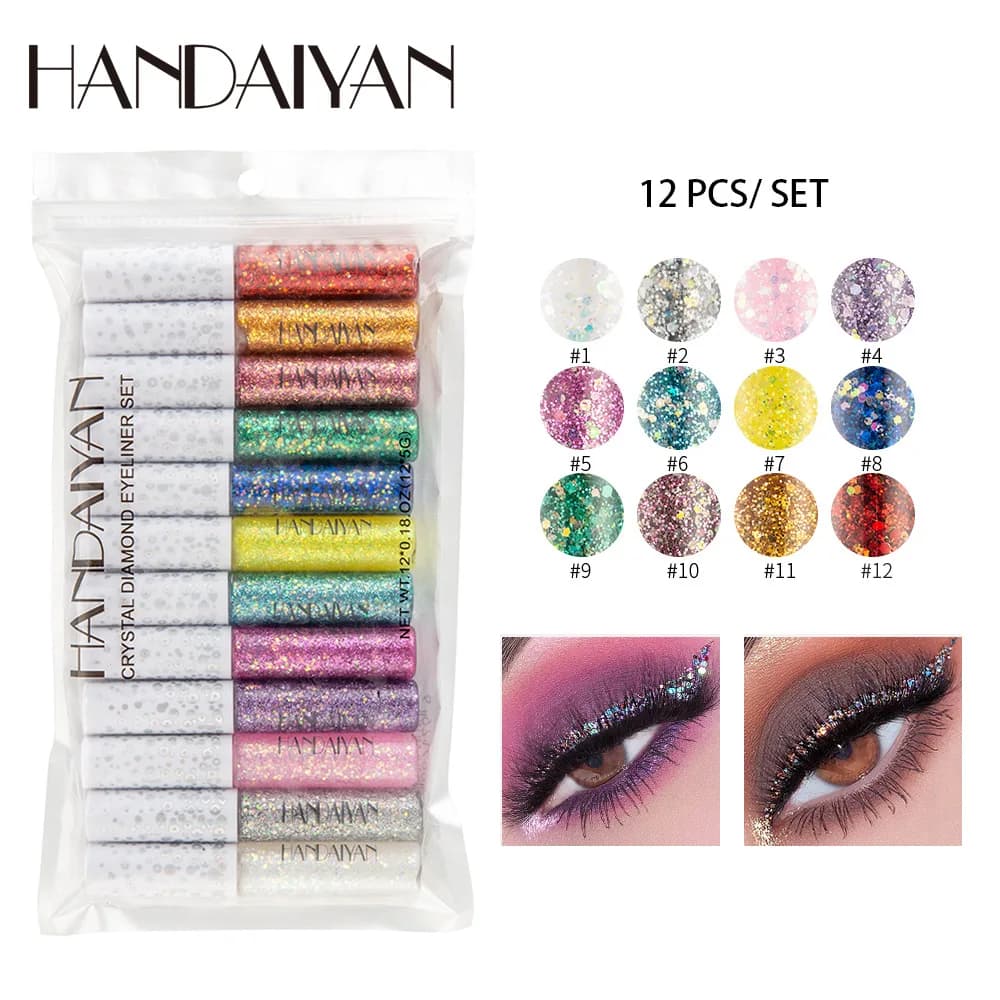 12 Pcs Glitter Liquid Eyeliner Eyeshadow Set Colorful Shimmer Dreamy Sparkle Eye Makeup Kit Waterproof Long Lasting Daily