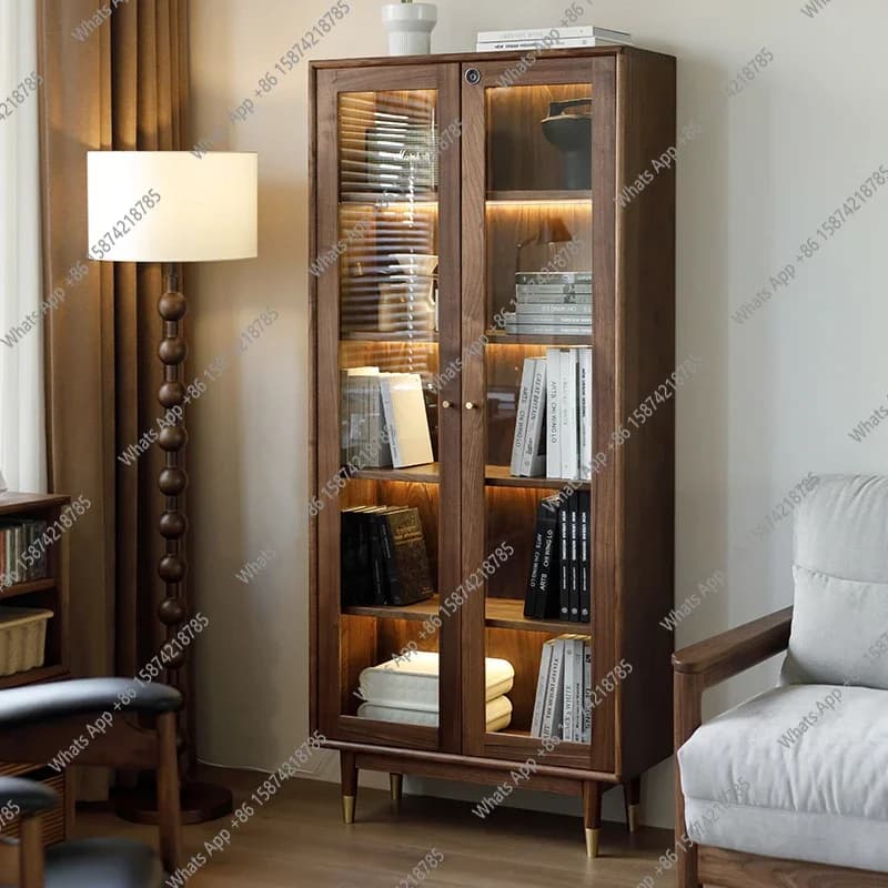 J Libreria nordamericana in noce nera, vetrina in vetro combinato interamente in legno massello, mobile per vino dal pavimento al soffitto, lato TV, N