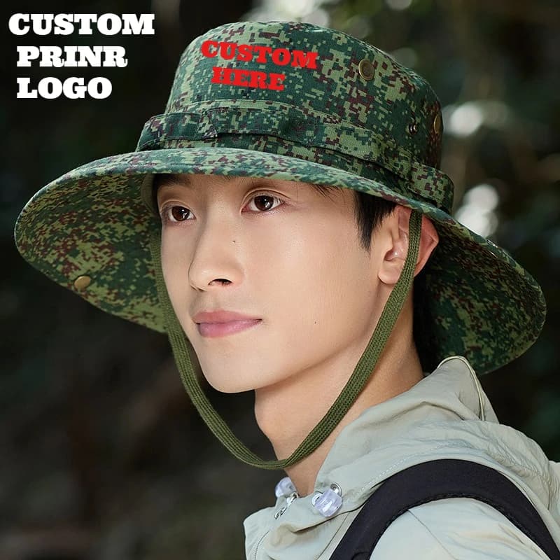 Custom Printed Logo Outdoor Camouflage Large Brim Sun Cap for Men Foldable Bucket Hat Hiking Fishing Breathable Boonie Hats