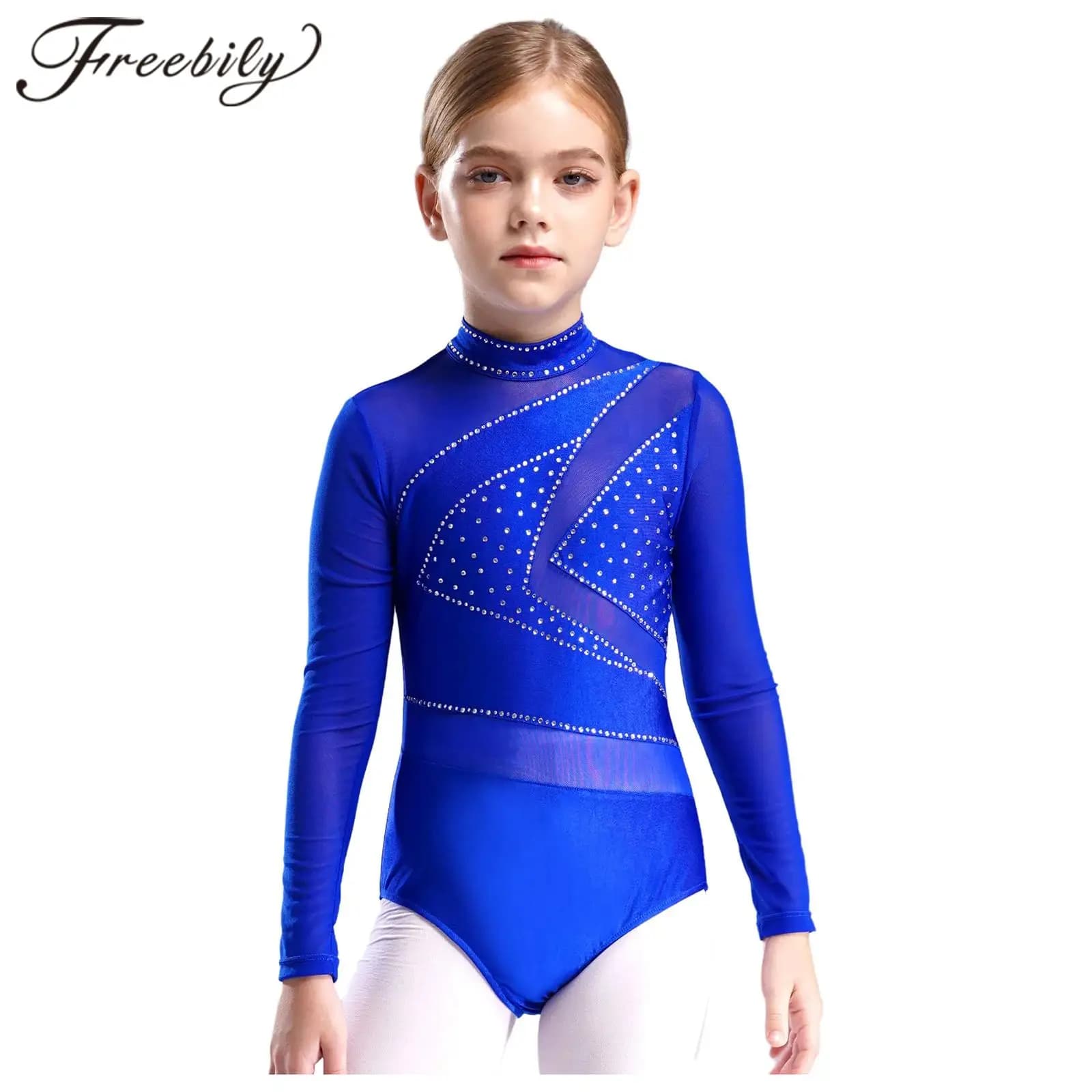 Tuta da ginnastica per ragazze per bambini Tuta da pattinaggio di figura per bambini Costume Body da ginnastica per balletto con ritaglio a maniche lunghe in rete trasparente
