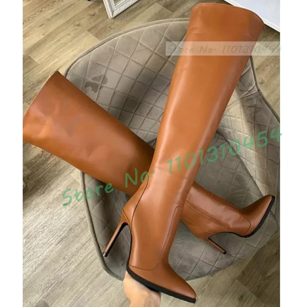 Stivali alti alla coscia con giunture marroni con tacco a spillo Stivali da donna con punta a punta Tacchi alti leggy Stivali con cerniera Scarpe eleganti invernali in pelle scamosciata femminile