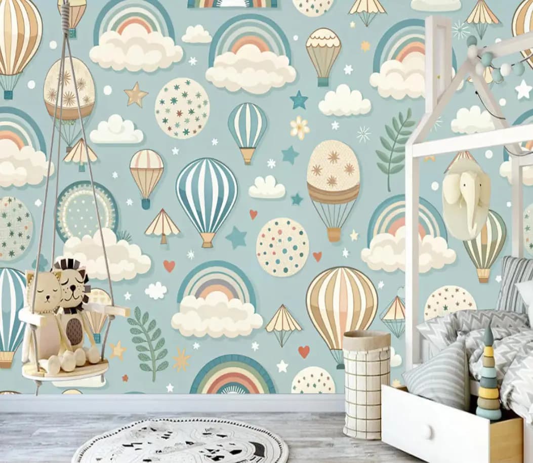 Carta da parati personalizzata con palloncini dei cartoni animati, murale per soggiorno, carta da parati con palloncini ad aria calda, nuvole e animali, sfondo per la scuola materna dei bambini