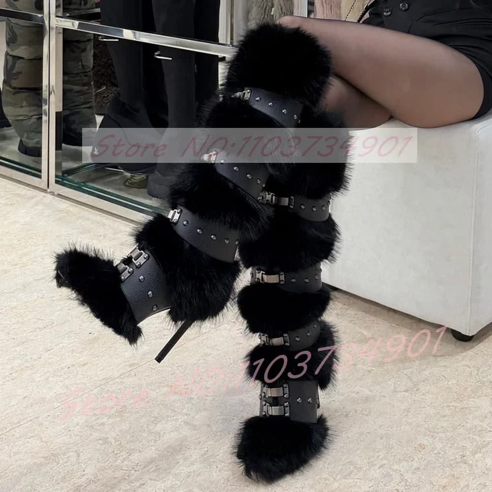 Black Fur Rivets Straps Knee High Boots Women Sexy Buckle Round Toe Stiletto Boots Luxury Fluffy Warm Winter Boots